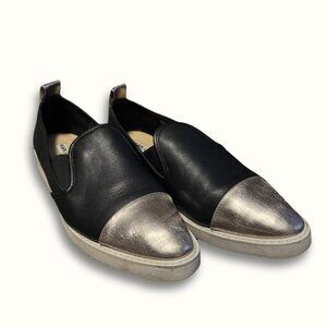 Karl Lagerfeld Paris Black Leather Slip-On Sneakers Silver Toe Size 9